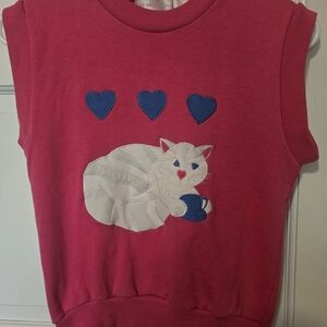 Vintage Pink Sleeveless Cat Appliqué Top with Blue Hearts